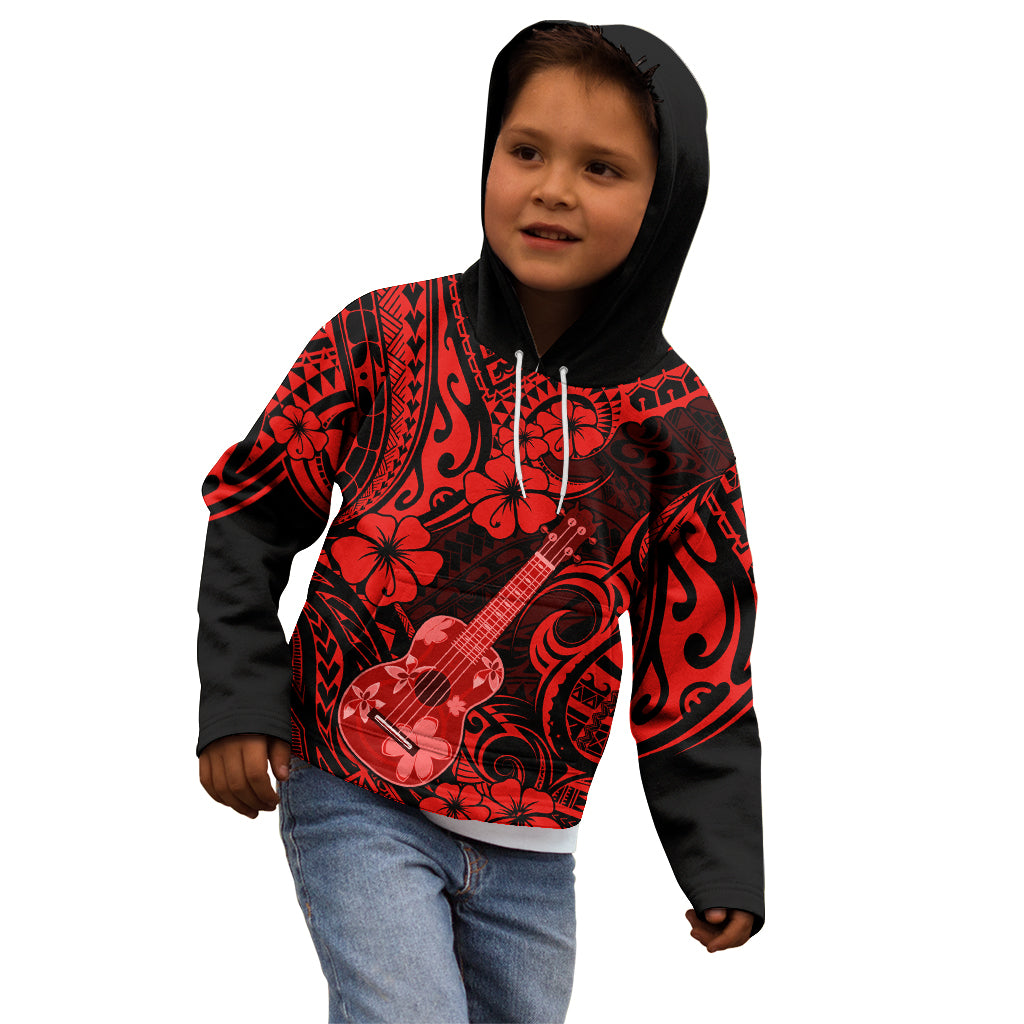 Hawaii Ukulele Kid Hoodie Polynesian Pattern Red Version - Wonder Print Shop