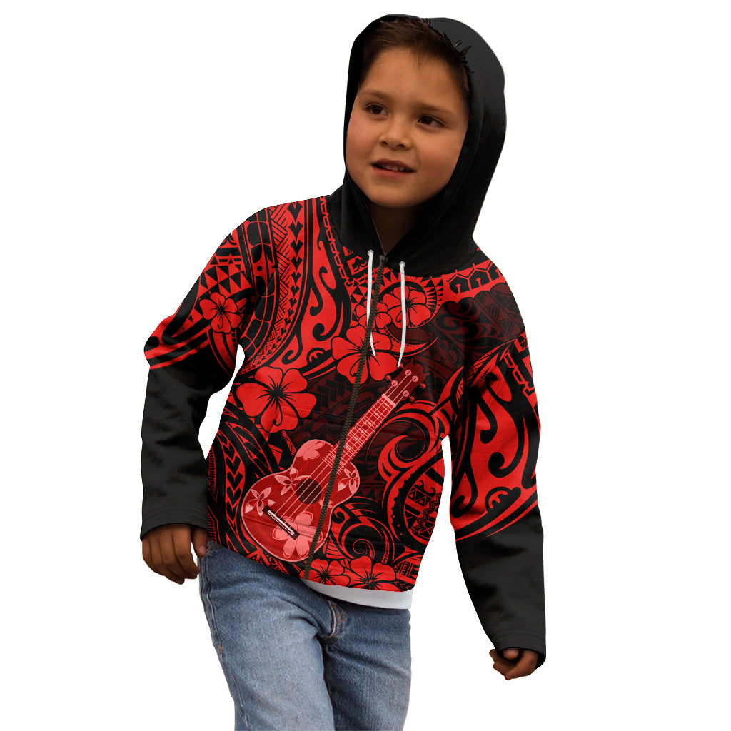 Hawaii Ukulele Kid Hoodie Polynesian Pattern Red Version - Wonder Print Shop