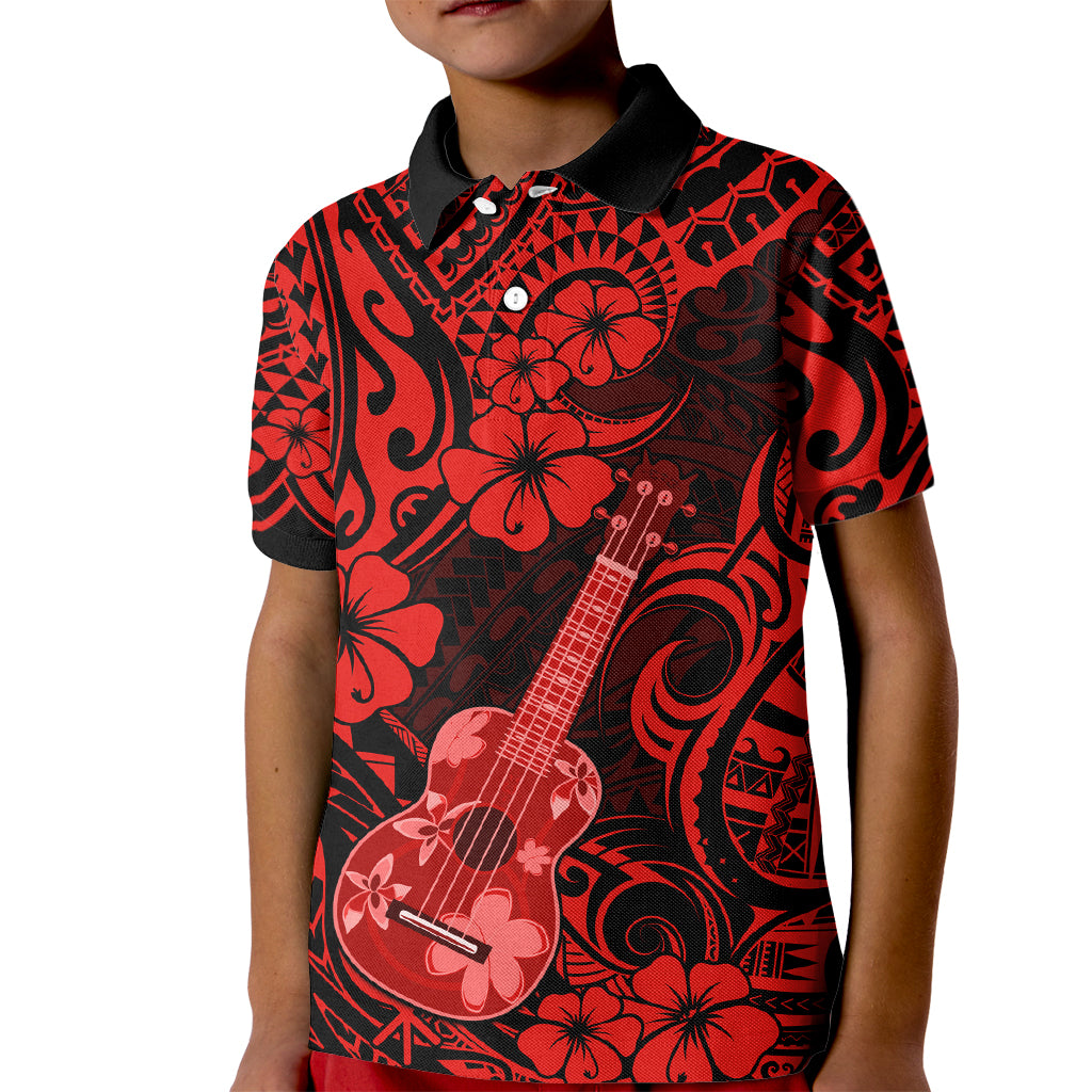 Hawaii Ukulele Kid Polo Shirt Polynesian Pattern Red Version - Wonder Print Shop