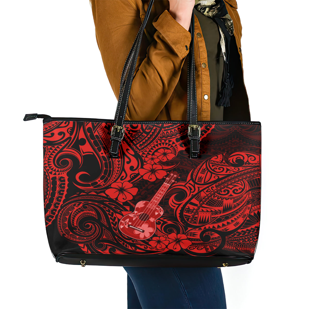 Hawaii Ukulele Leather Tote Bag Polynesian Pattern Red Version - Wonder Print Shop