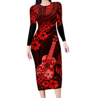 Hawaii Ukulele Long Sleeve Bodycon Dress Polynesian Pattern Red Version - Wonder Print Shop