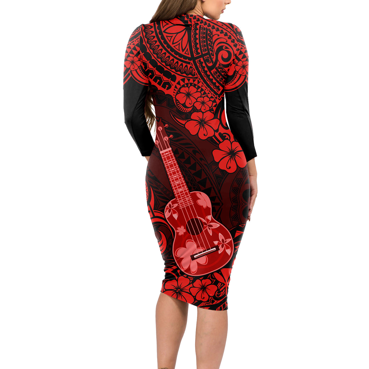 Hawaii Ukulele Long Sleeve Bodycon Dress Polynesian Pattern Red Version - Wonder Print Shop