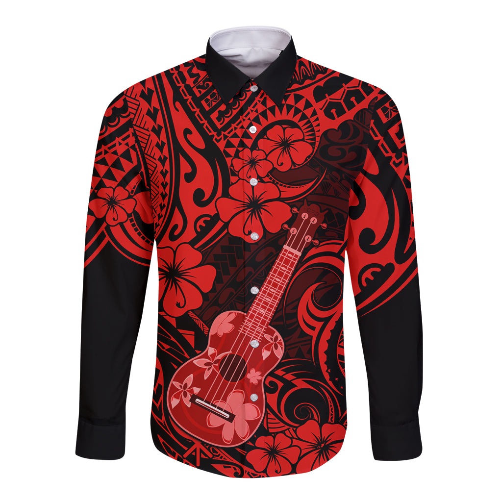 Hawaii Ukulele Long Sleeve Button Shirt Polynesian Pattern Red Version - Wonder Print Shop
