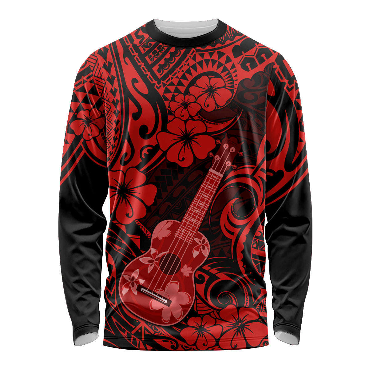 Hawaii Ukulele Long Sleeve Shirt Polynesian Pattern Red Version - Wonder Print Shop