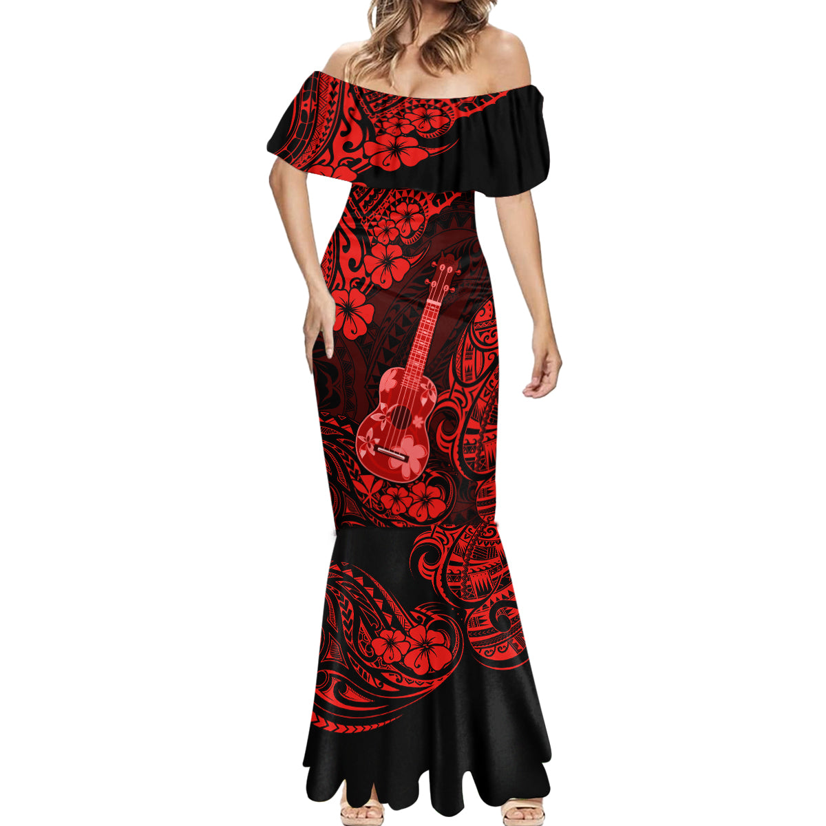 Hawaii Ukulele Mermaid Dress Polynesian Pattern Red Version - Wonder Print Shop