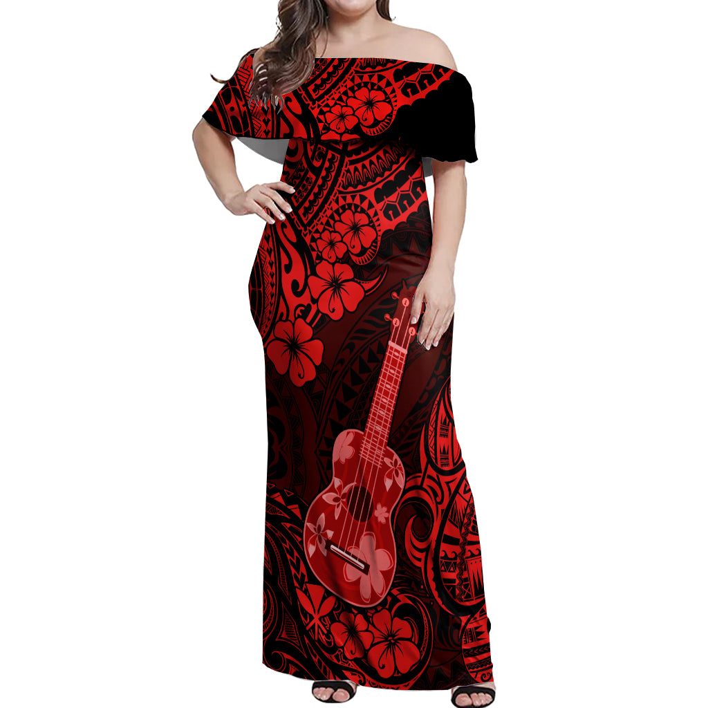 Hawaii Ukulele Off Shoulder Maxi Dress Polynesian Pattern Red Version - Wonder Print Shop