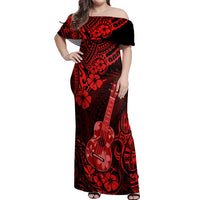 Hawaii Ukulele Off Shoulder Maxi Dress Polynesian Pattern Red Version - Wonder Print Shop