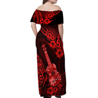 Hawaii Ukulele Off Shoulder Maxi Dress Polynesian Pattern Red Version - Wonder Print Shop