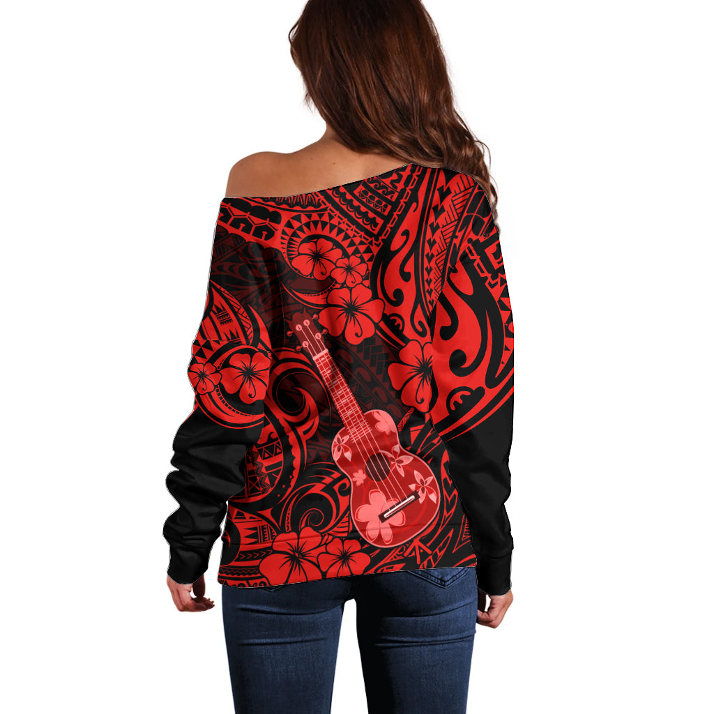 Hawaii Ukulele Off Shoulder Sweater Polynesian Pattern Red Version - Wonder Print Shop