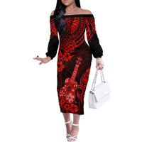 Hawaii Ukulele Off The Shoulder Long Sleeve Dress Polynesian Pattern Red Version - Wonder Print Shop