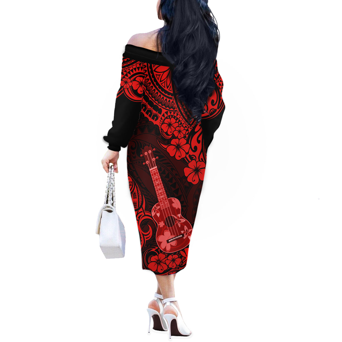 Hawaii Ukulele Off The Shoulder Long Sleeve Dress Polynesian Pattern Red Version - Wonder Print Shop
