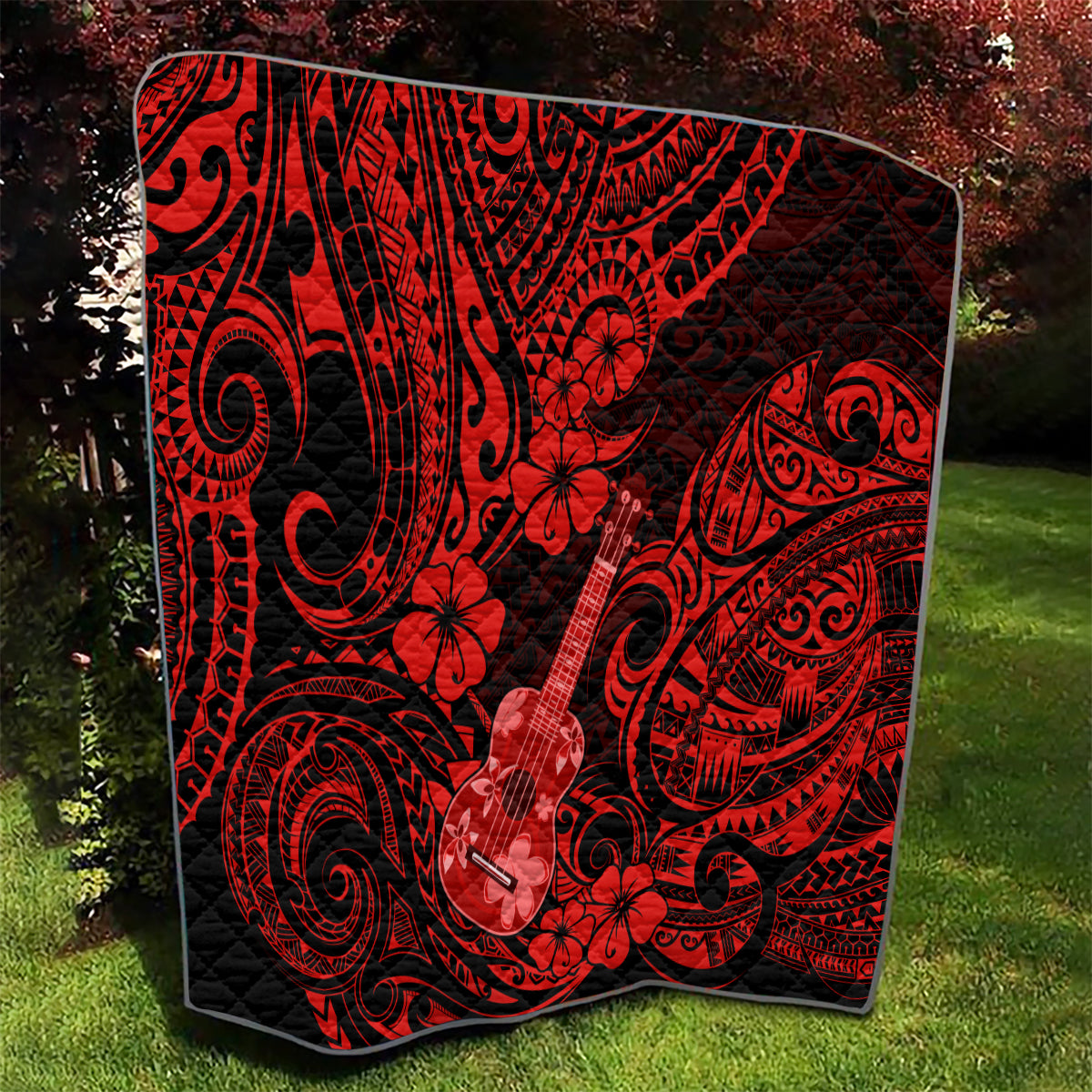 Hawaii Ukulele Quilt Polynesian Pattern Red Version - Wonder Print Shop