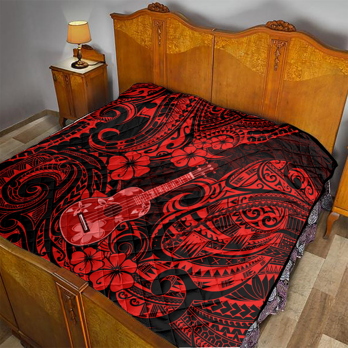 Hawaii Ukulele Quilt Polynesian Pattern Red Version - Wonder Print Shop