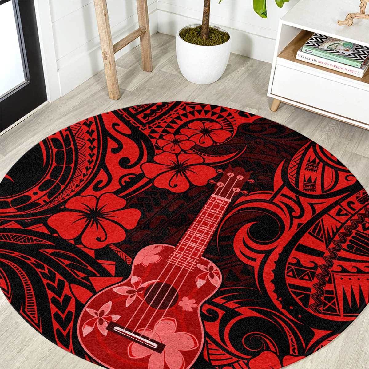 hawaii-ukulele-round-carpet-polynesian-pattern-red-version