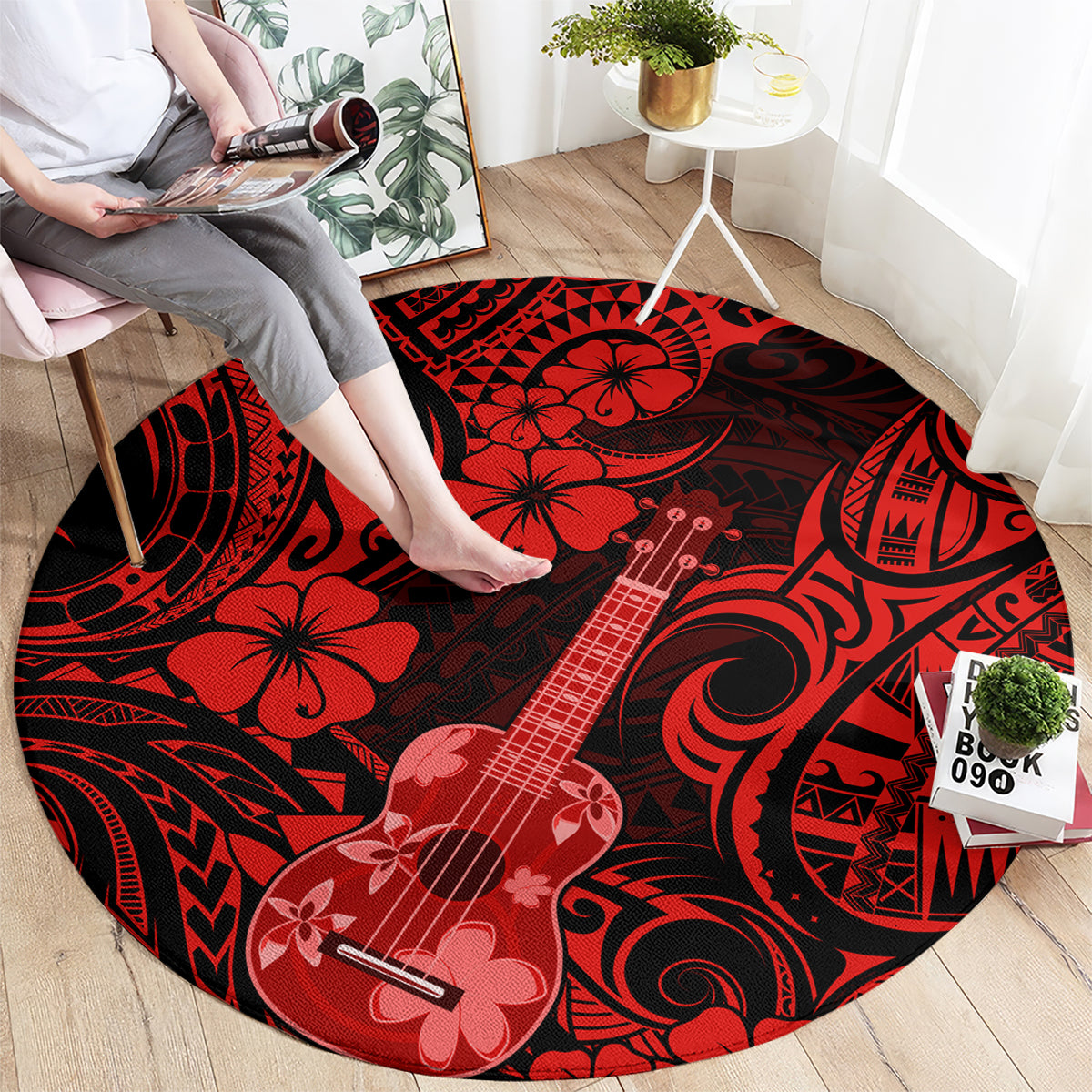 hawaii-ukulele-round-carpet-polynesian-pattern-red-version
