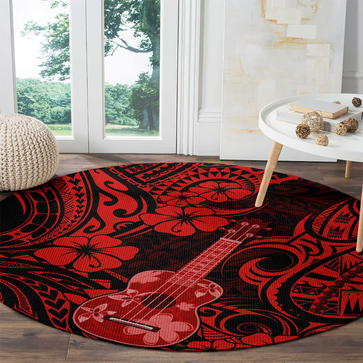 hawaii-ukulele-round-carpet-polynesian-pattern-red-version