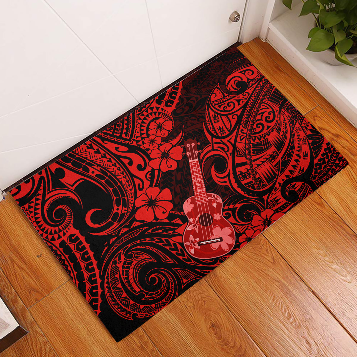 Hawaii Ukulele Rubber Doormat Polynesian Pattern Red Version - Wonder Print Shop