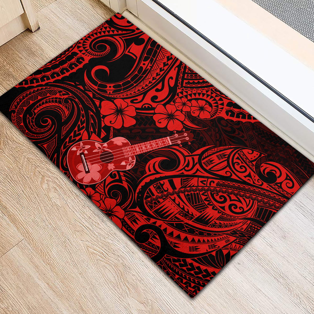 Hawaii Ukulele Rubber Doormat Polynesian Pattern Red Version - Wonder Print Shop