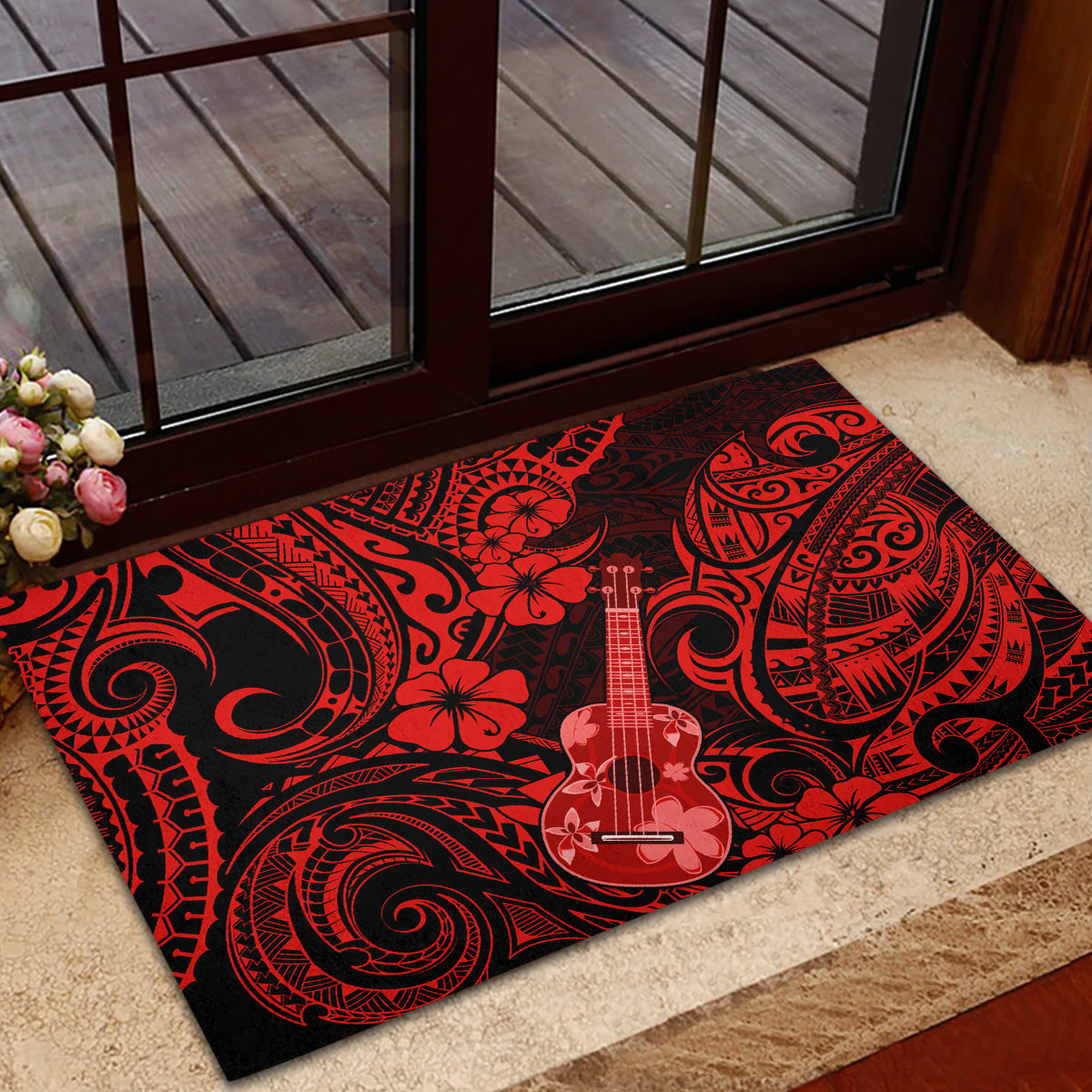 Hawaii Ukulele Rubber Doormat Polynesian Pattern Red Version - Wonder Print Shop