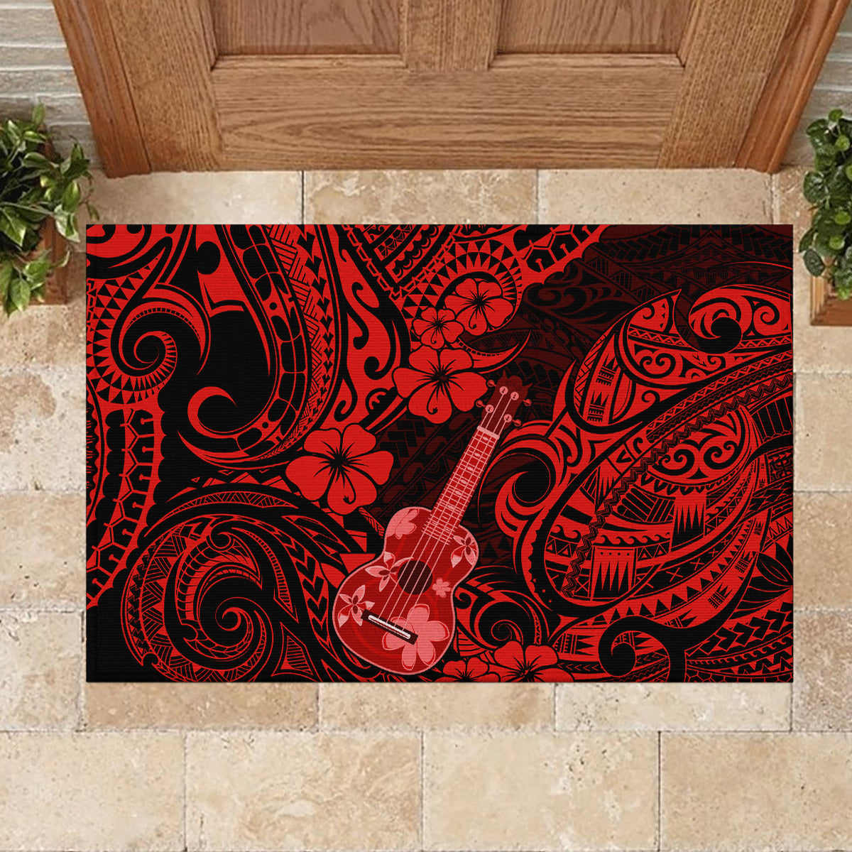 Hawaii Ukulele Rubber Doormat Polynesian Pattern Red Version - Wonder Print Shop
