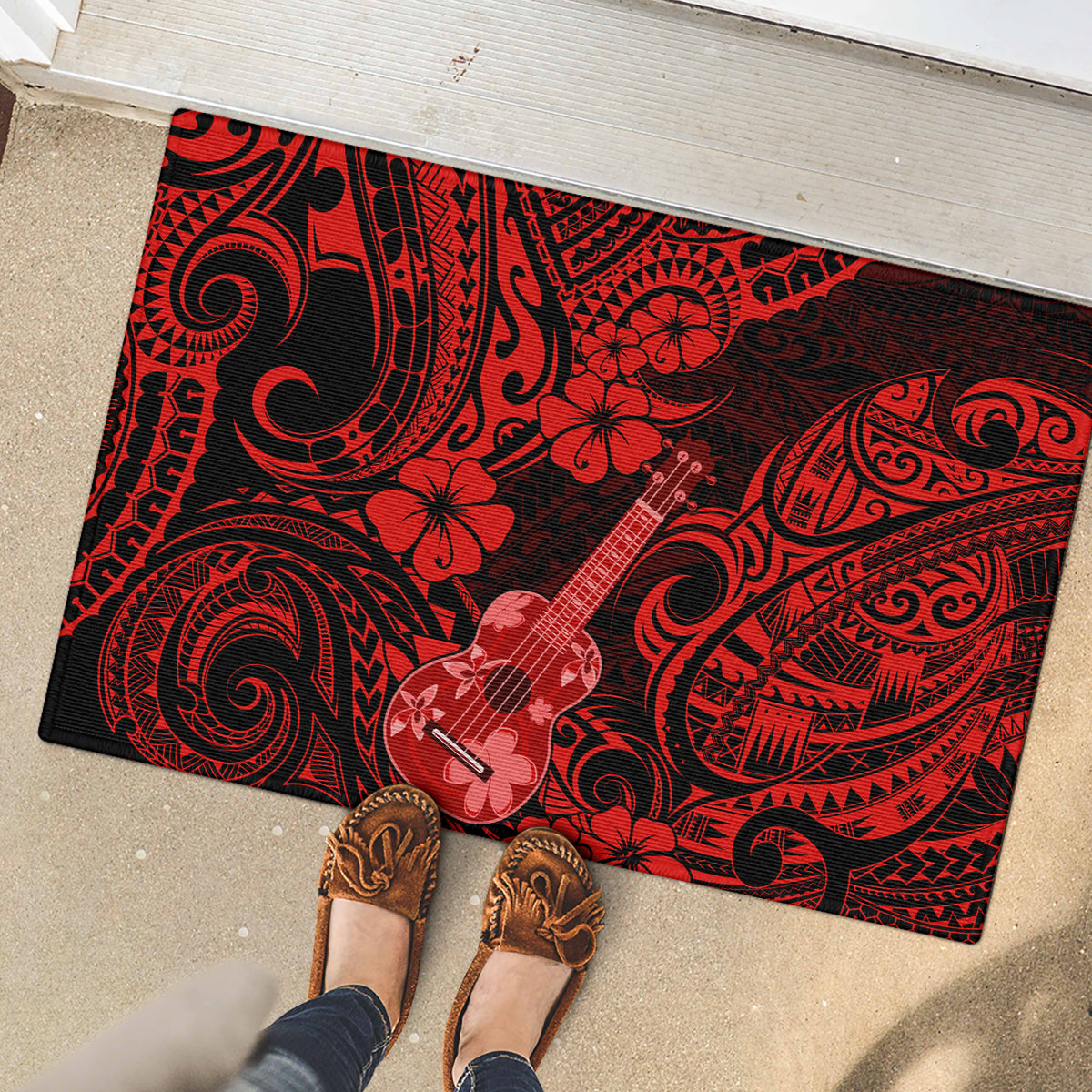 Hawaii Ukulele Rubber Doormat Polynesian Pattern Red Version - Wonder Print Shop