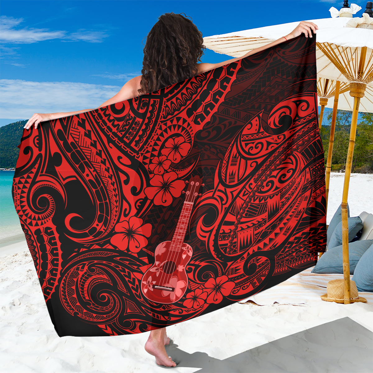 Hawaii Ukulele Sarong Polynesian Pattern Red Version - Wonder Print Shop
