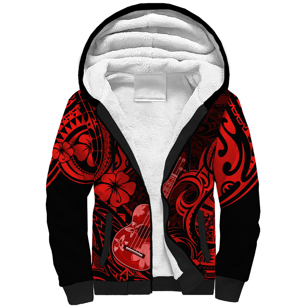 Hawaii Ukulele Sherpa Hoodie Polynesian Pattern Red Version - Wonder Print Shop