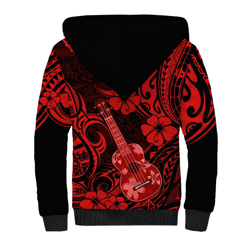 Hawaii Ukulele Sherpa Hoodie Polynesian Pattern Red Version - Wonder Print Shop