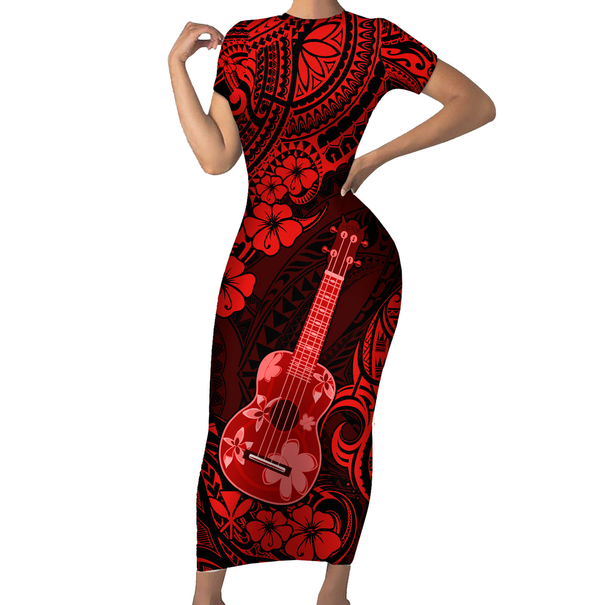 Hawaii Ukulele Short Sleeve Bodycon Dress Polynesian Pattern Red Version - Wonder Print Shop