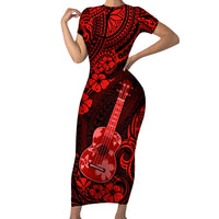 Hawaii Ukulele Short Sleeve Bodycon Dress Polynesian Pattern Red Version - Wonder Print Shop