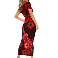 Hawaii Ukulele Short Sleeve Bodycon Dress Polynesian Pattern Red Version - Wonder Print Shop