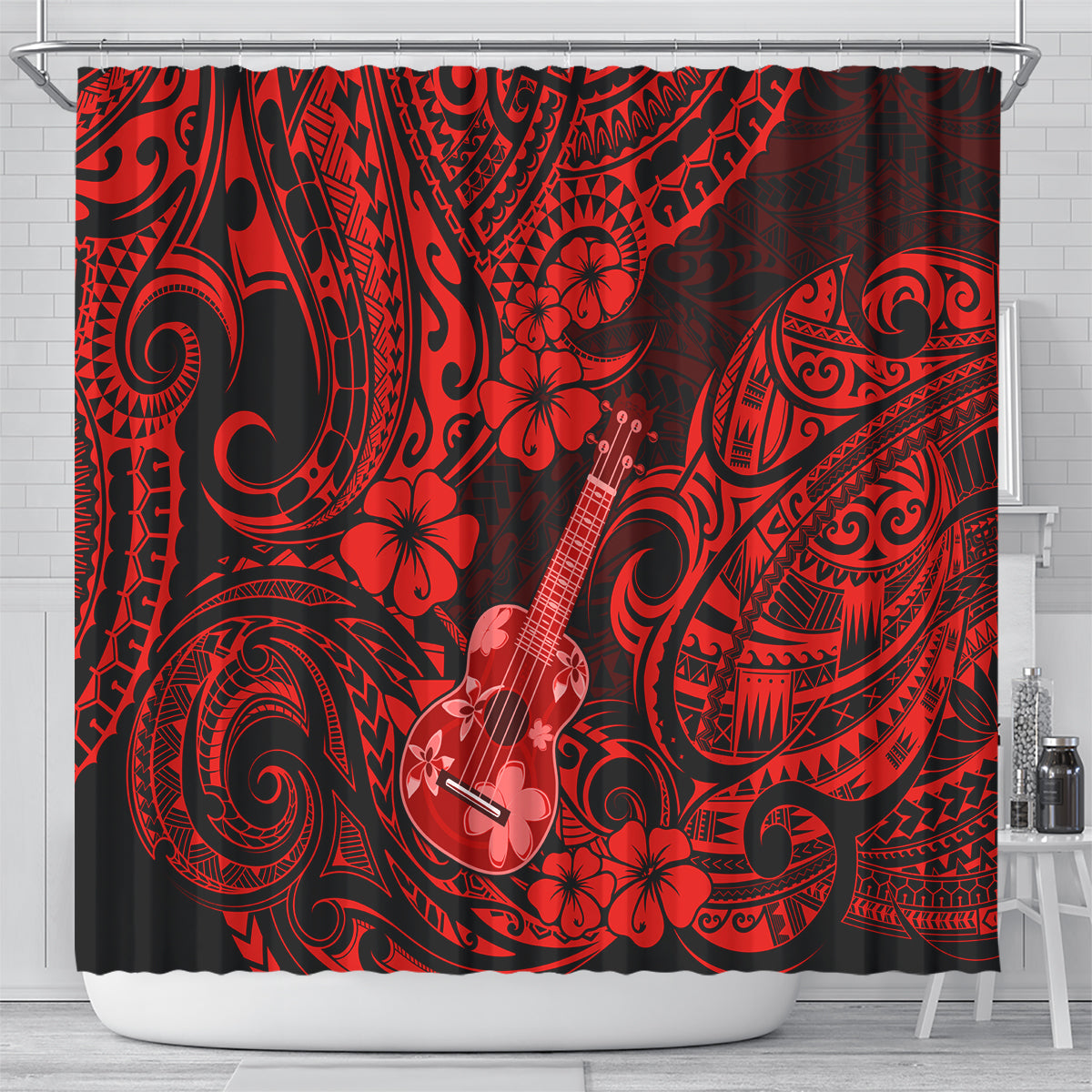 hawaii-ukulele-shower-curtain-polynesian-pattern-red-version