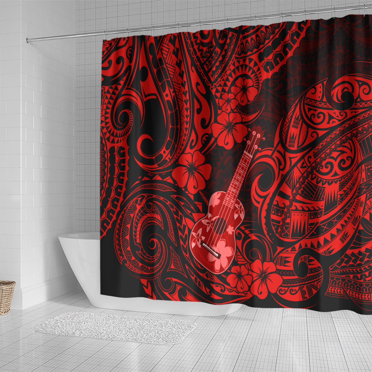 hawaii-ukulele-shower-curtain-polynesian-pattern-red-version