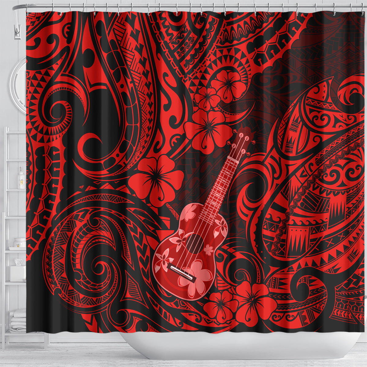 hawaii-ukulele-shower-curtain-polynesian-pattern-red-version