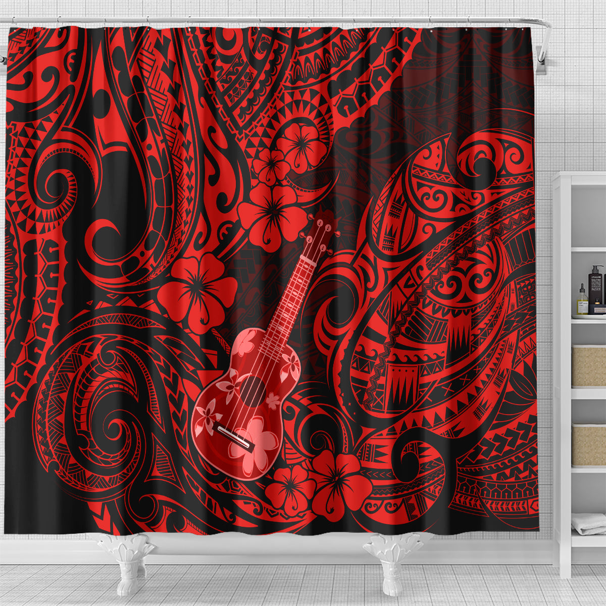 hawaii-ukulele-shower-curtain-polynesian-pattern-red-version