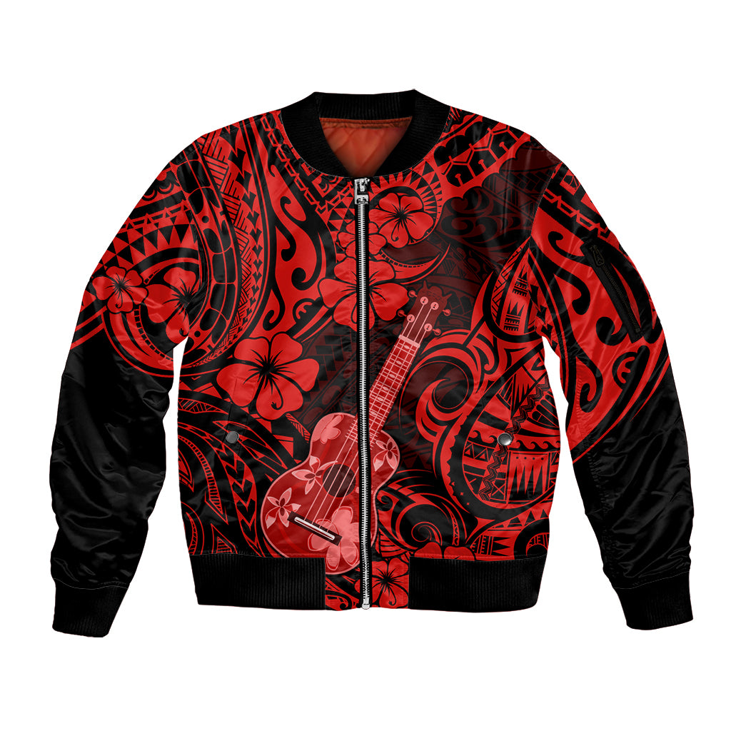 Hawaii Ukulele Sleeve Zip Bomber Jacket Polynesian Pattern Red Version - Wonder Print Shop