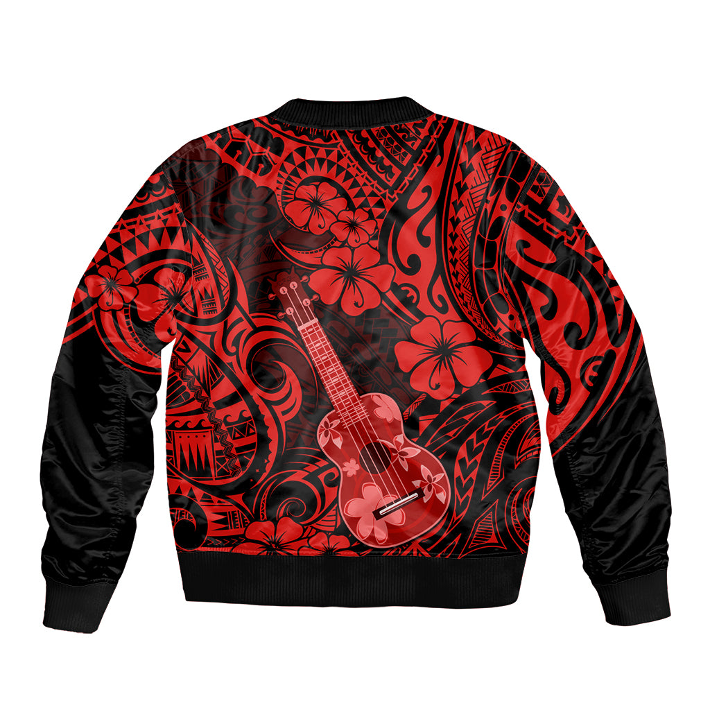 Hawaii Ukulele Sleeve Zip Bomber Jacket Polynesian Pattern Red Version - Wonder Print Shop