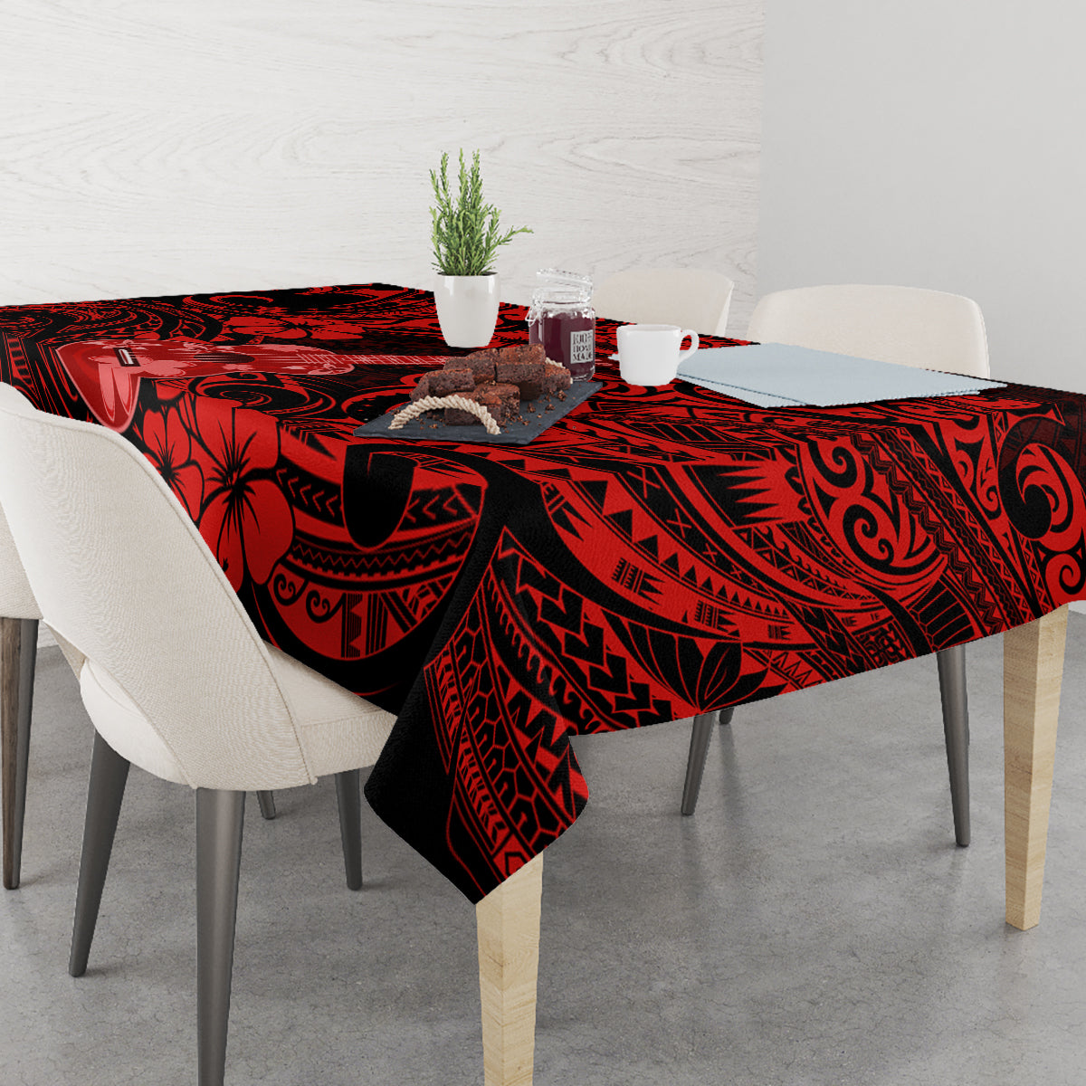 Hawaii Ukulele Tablecloth Polynesian Pattern Red Version - Wonder Print Shop