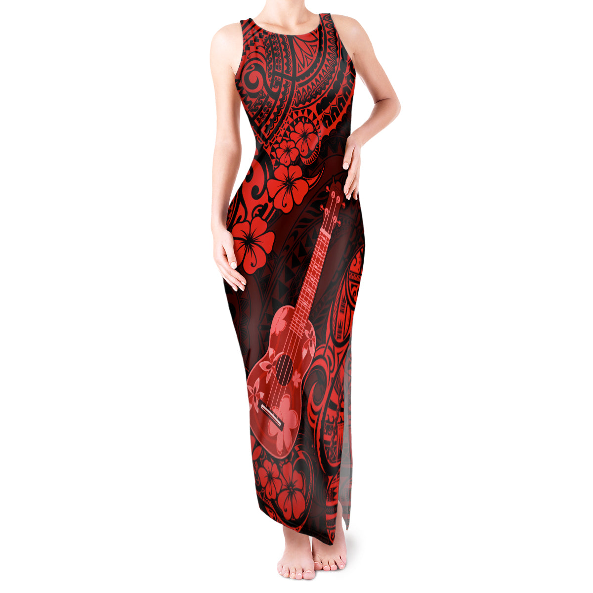 Hawaii Ukulele Tank Maxi Dress Polynesian Pattern Red Version - Wonder Print Shop