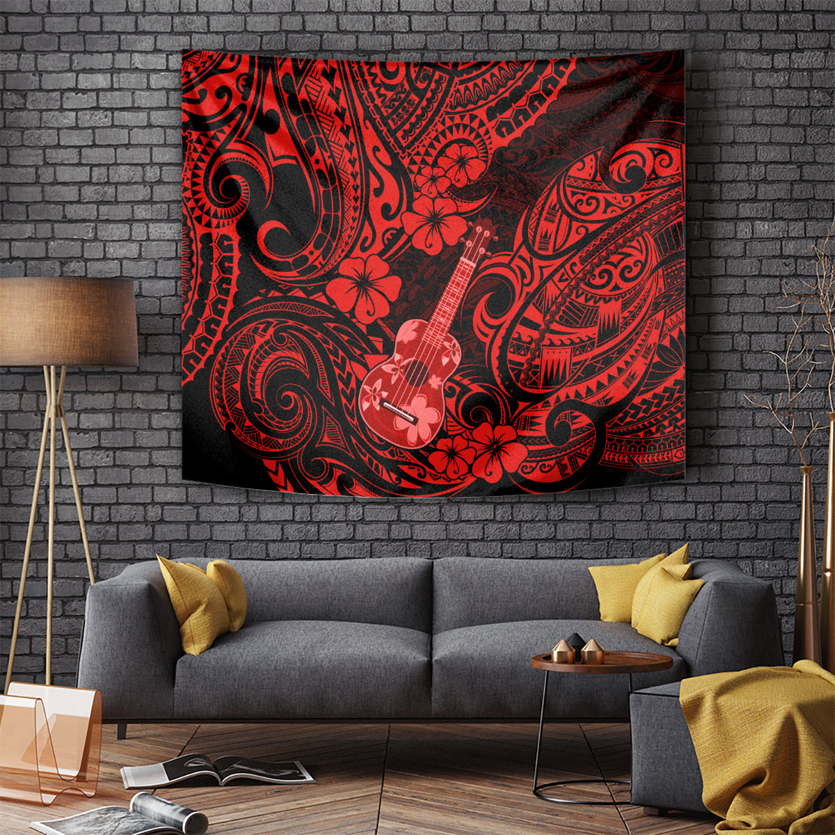 Hawaii Ukulele Tapestry Polynesian Pattern Red Version - Wonder Print Shop