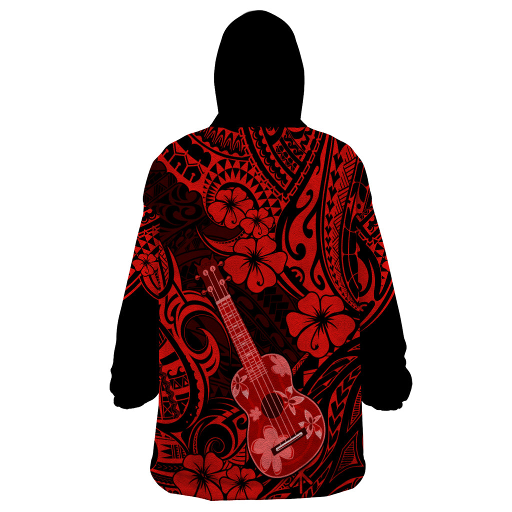 Hawaii Ukulele Wearable Blanket Hoodie Polynesian Pattern Red Version - Wonder Print Shop
