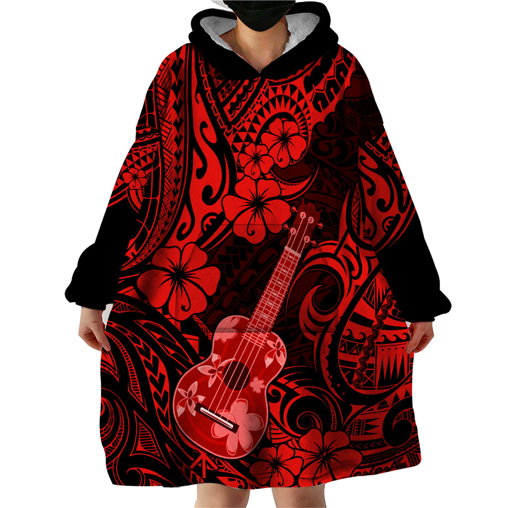 Hawaii Ukulele Wearable Blanket Hoodie Polynesian Pattern Red Version - Wonder Print Shop