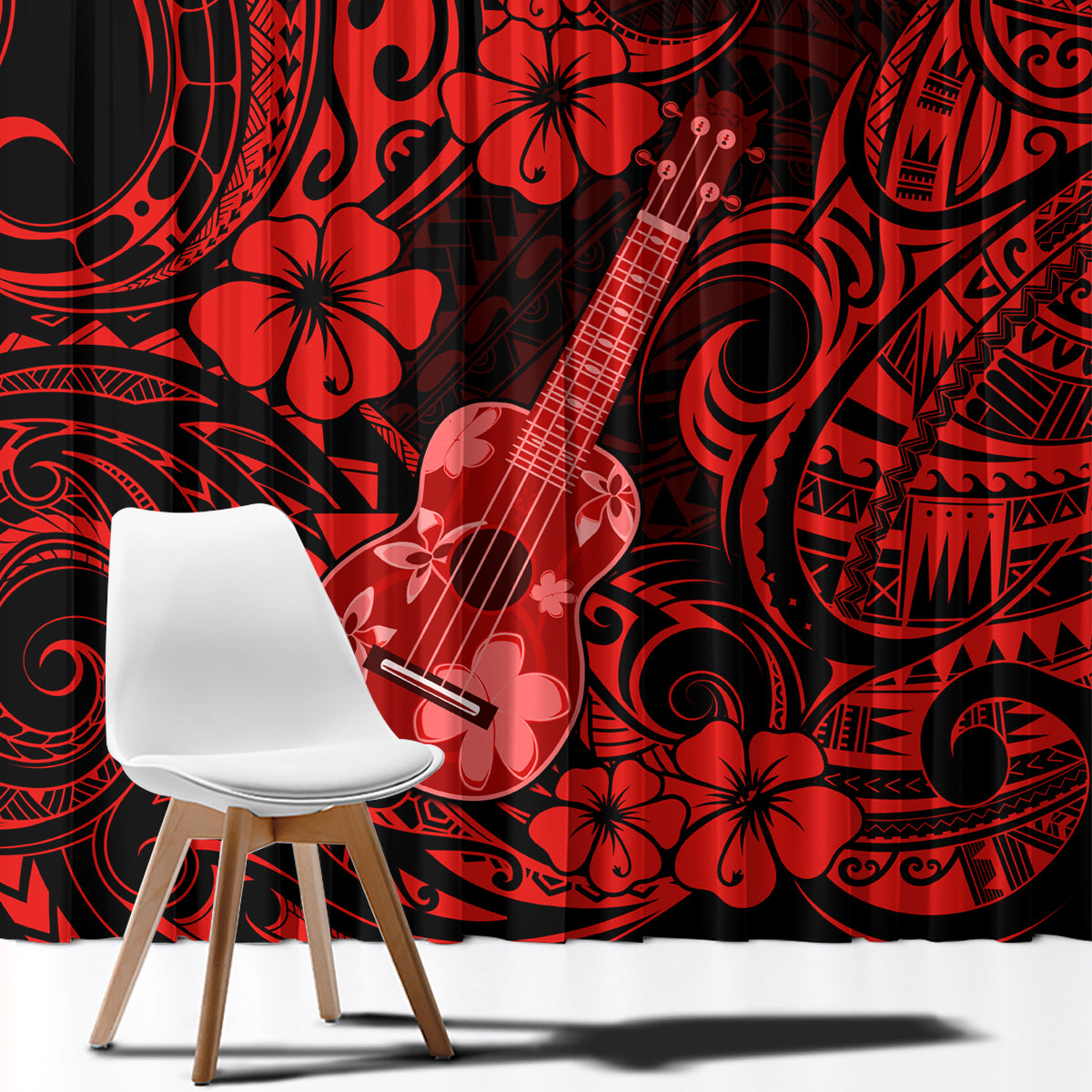 Hawaii Ukulele Window Curtain Polynesian Pattern Red Version - Wonder Print Shop