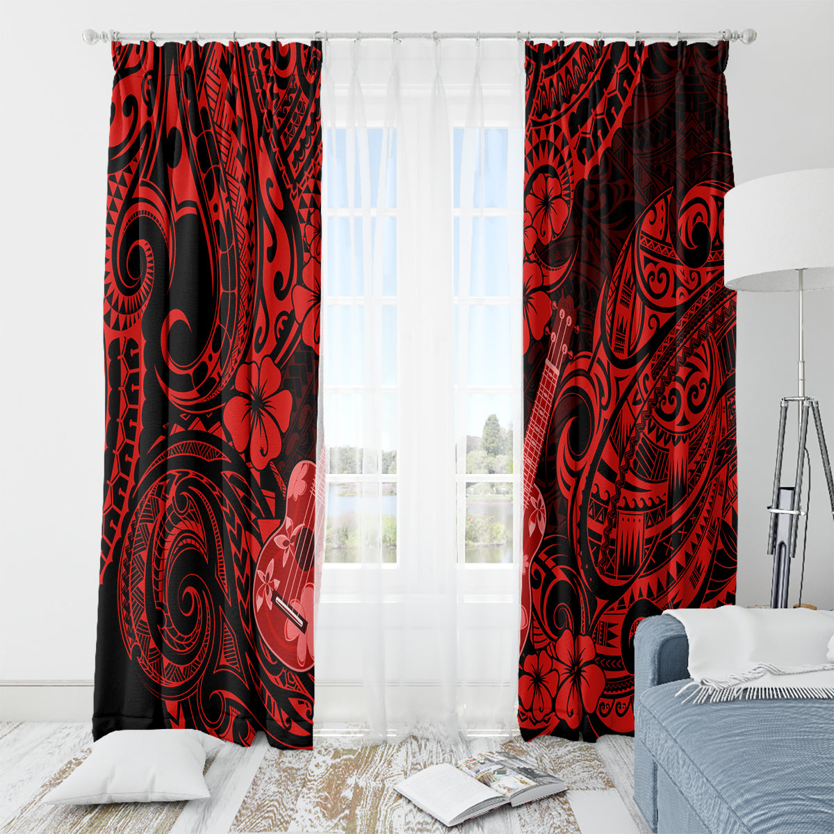 Hawaii Ukulele Window Curtain Polynesian Pattern Red Version - Wonder Print Shop