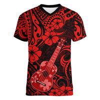 Hawaii Ukulele Women V Neck T Shirt Polynesian Pattern Red Version - Wonder Print Shop
