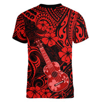Hawaii Ukulele Women V Neck T Shirt Polynesian Pattern Red Version - Wonder Print Shop