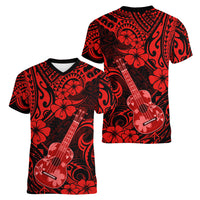 Hawaii Ukulele Women V Neck T Shirt Polynesian Pattern Red Version - Wonder Print Shop