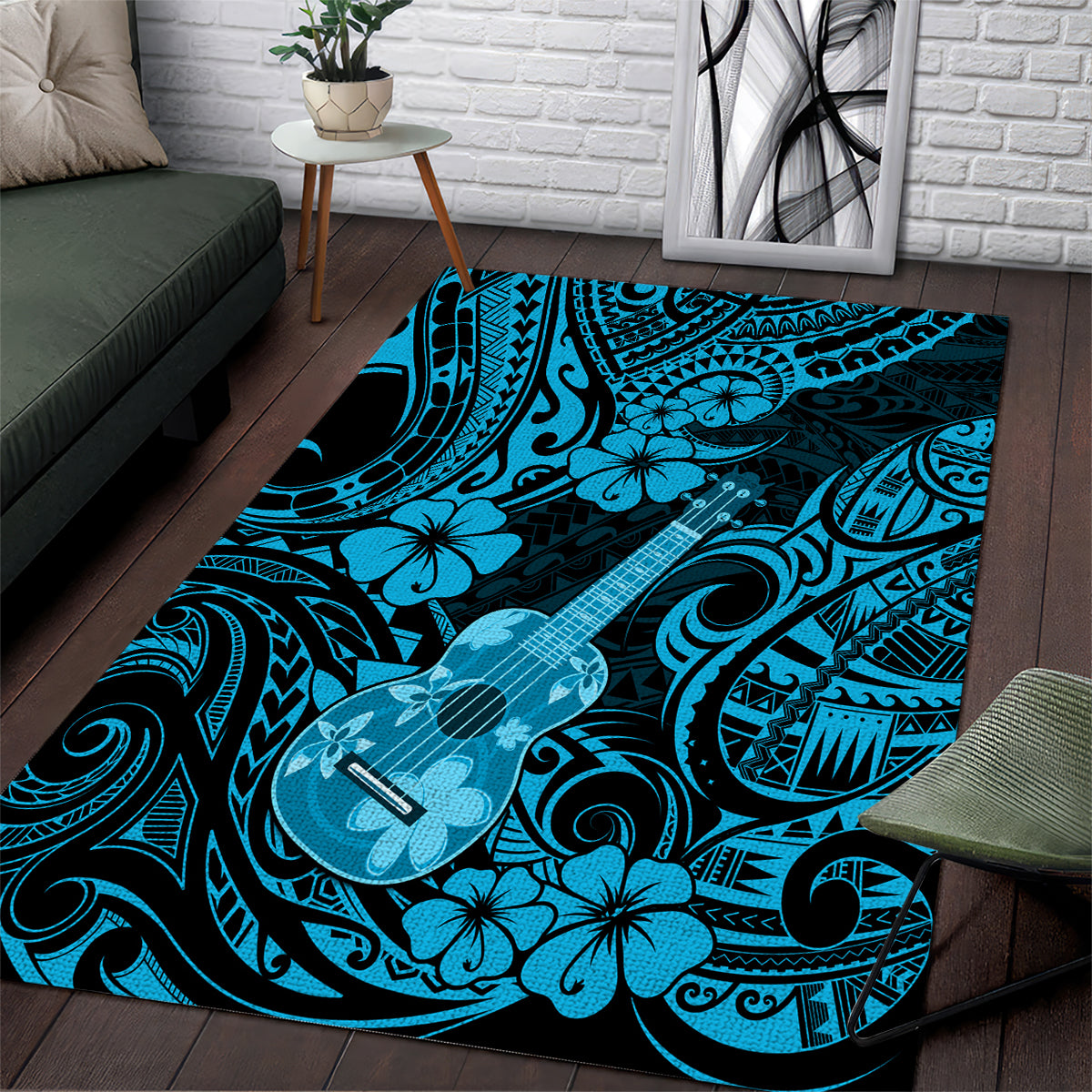 Hawaii Ukulele Area Rug Polynesian Pattern Sky Blue Version - Wonder Print Shop