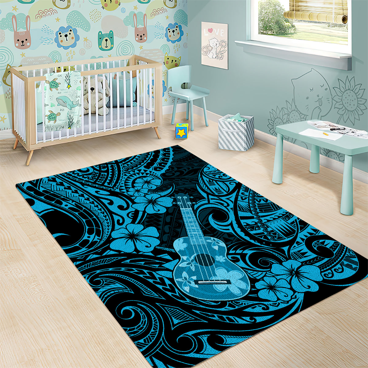 Hawaii Ukulele Area Rug Polynesian Pattern Sky Blue Version - Wonder Print Shop