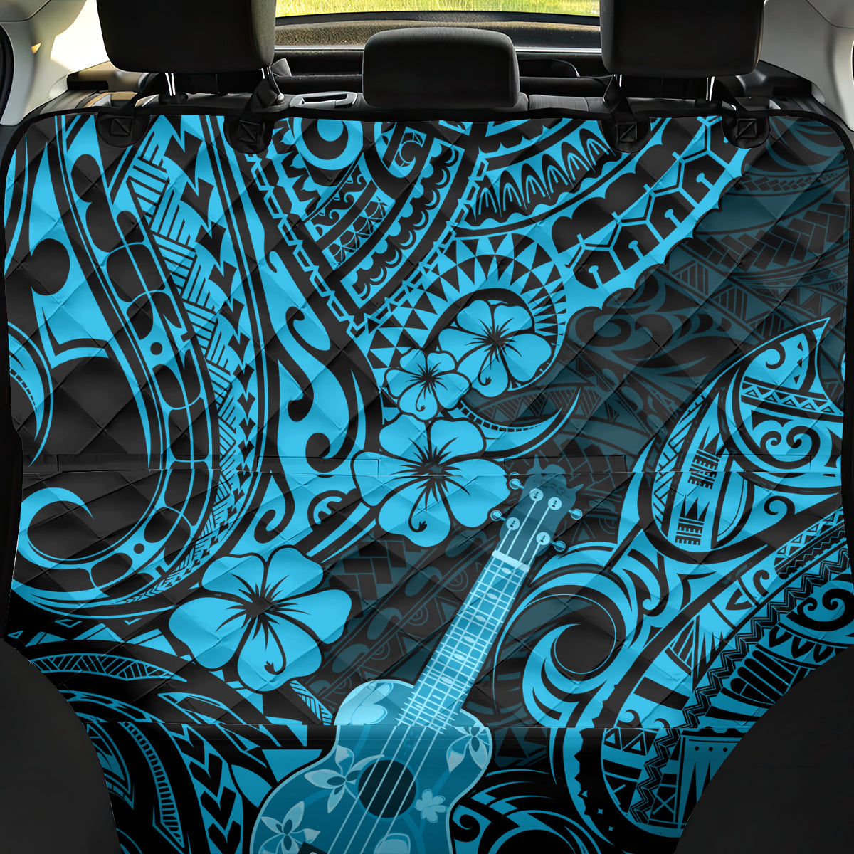 Hawaii Ukulele Back Car Seat Cover Polynesian Pattern Sky Blue Version - Wonder Print Shop